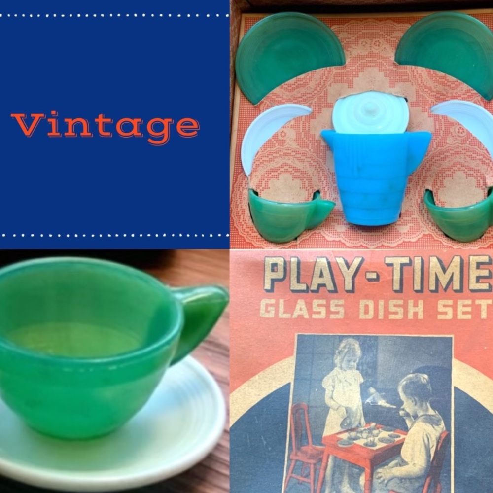 VINTAGE Jadeite Childrens Tea Set 1940s Box included from Akron Agate glass Co.